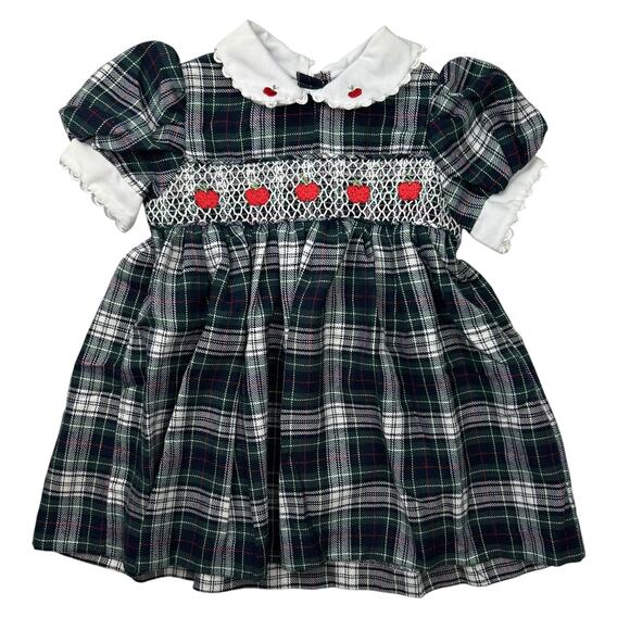 Vintage Smocked Apple Embroidered Dress Back to School Fall Plaid Baby 12 Months - Picture 1 of 6